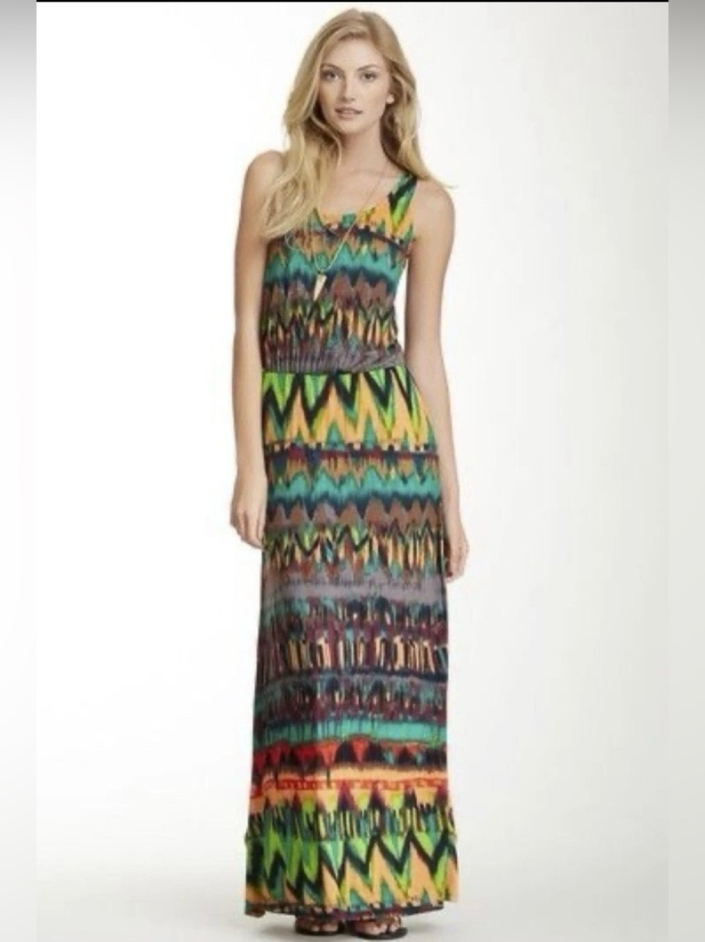 Ella Moss *Designer Sample* Multi Color Ikat Jersey Maxi Dress W Sz L